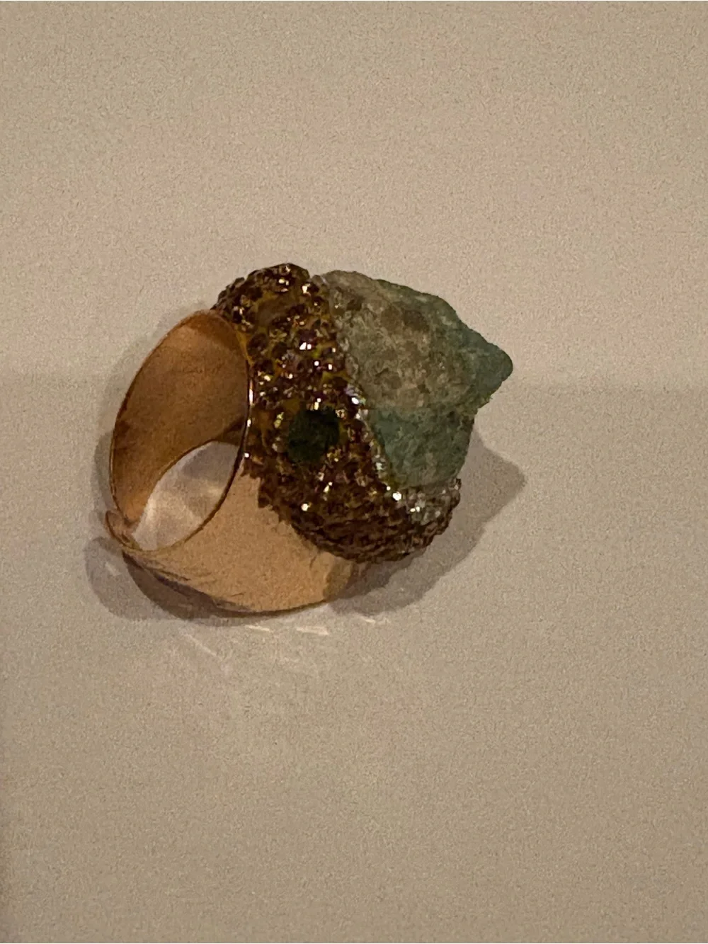 Raw Green Stone Statement Cuff Ring Gold Tone Crystal Pave Adjustable